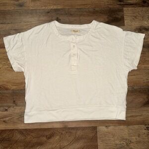 Madewell Sonoma Boxy Henley Cropped Shirt, White, Size Medium